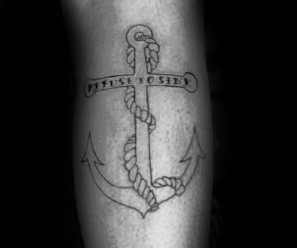 Anchor tattoo on skin, "REFUSE TO SINK" boldly etched across the crossbar