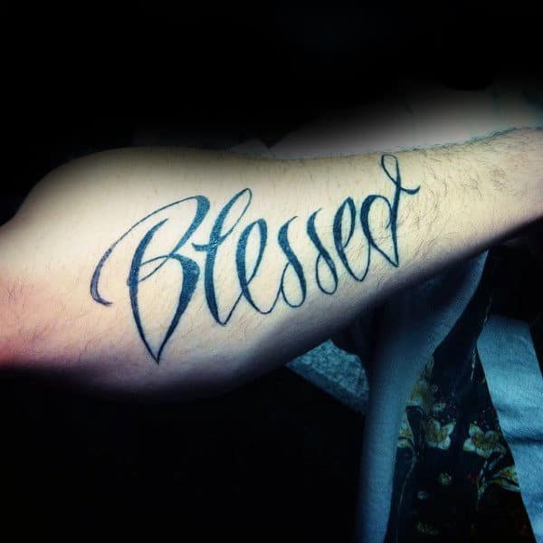Simple Lettering Blessed Male Outer Forearm Tattoos