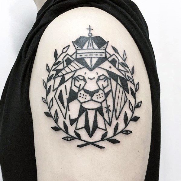 Simple Lion Head With Olive Branches Unique Upper Arm Mens Tattoos