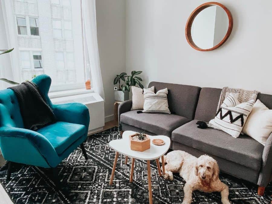 simple mid-century living room with blue armchair and gray sofa