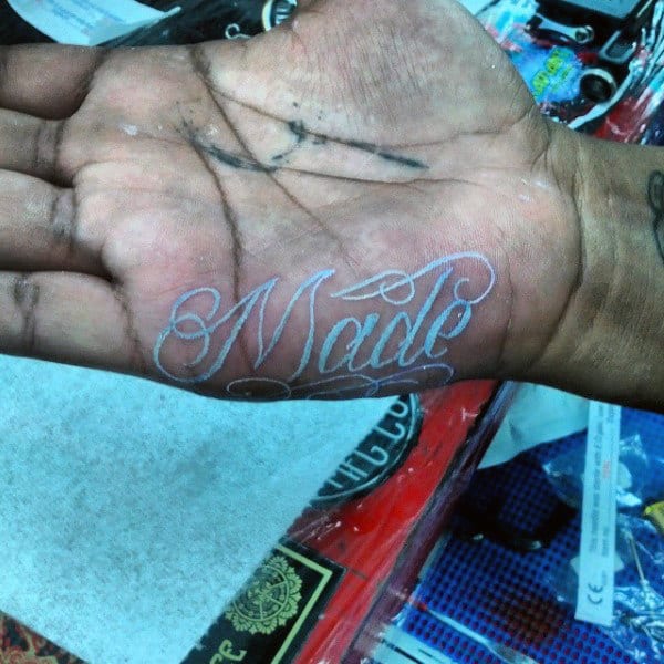 Simple Made Lettering White Ink Male Hand Tattoos