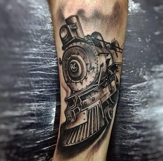 Simple Male Train Tattoo On Forearm