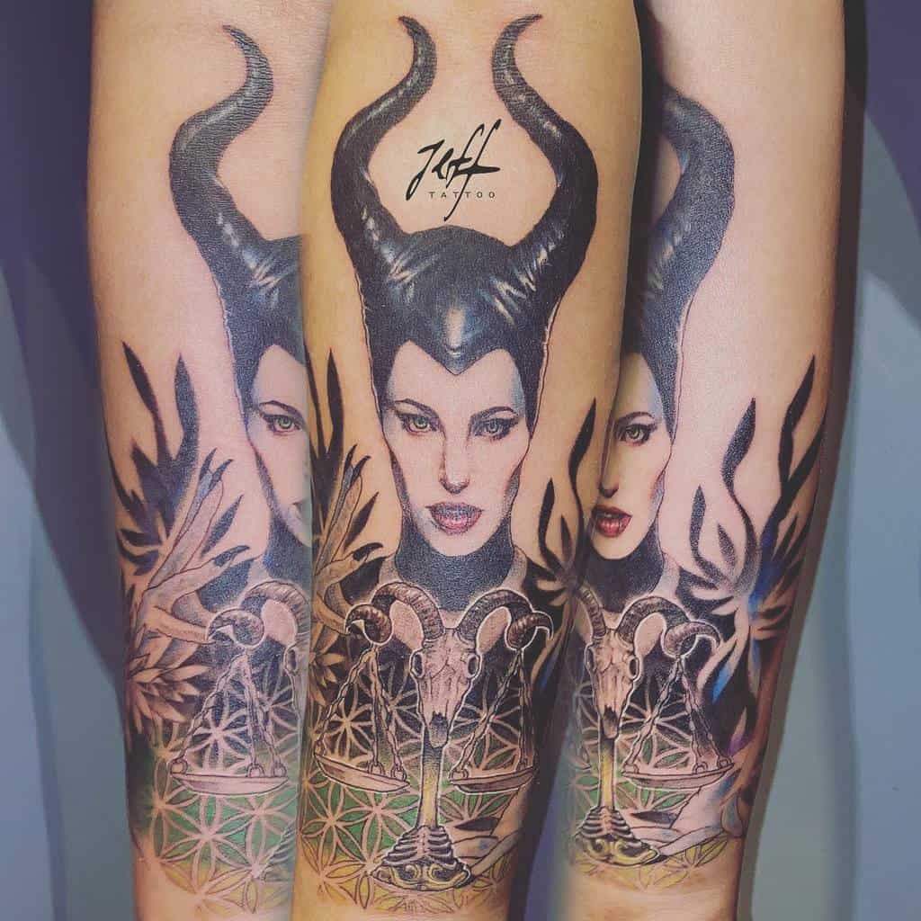 Detailed Maleficent tattoo showcasing her iconic horns with intricate patterns and mystical elements for a bold and captivating design
