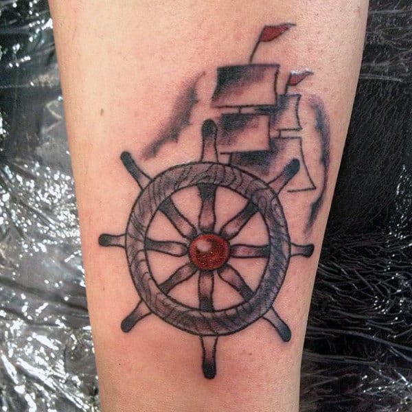 Simple Mens Sailing Ship And Wheel Tattoo On Inner Forearm