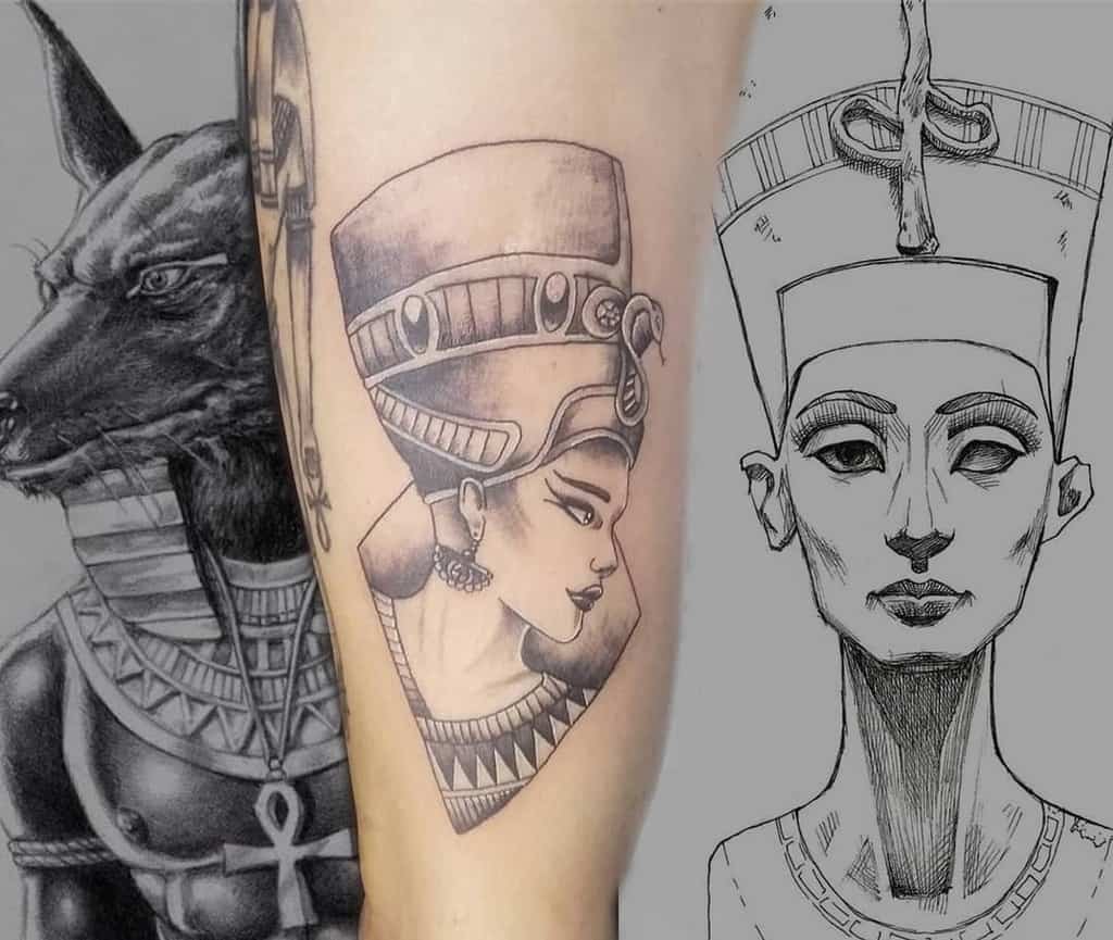 Unique Nefertiti tattoo with geometric detailing and shading, paired with Anubis and hand-drawn sketch accents