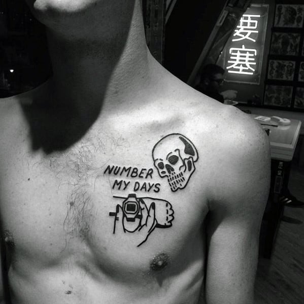 Simple Number My Days Skull Upper Chest Tattoo For Men