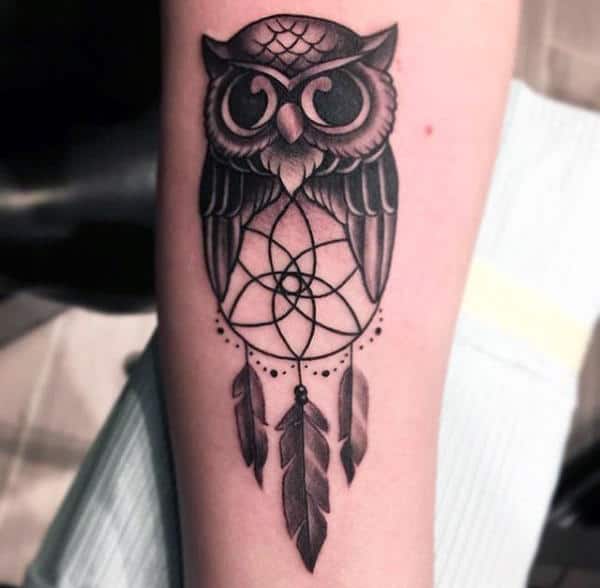 Simple Owl With Dreamcatcher Forearm Guys Tattoos