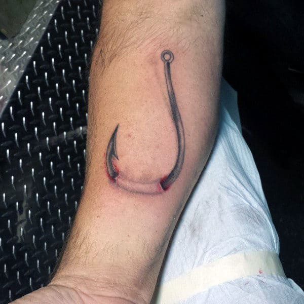 Simple Pierced Skin Fish Hook Forearm Tattoo For Guys