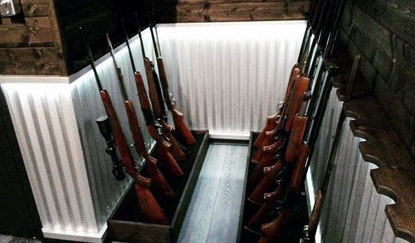 Compact gun room with vertical rifle storage, wooden paneling, and minimalist design.