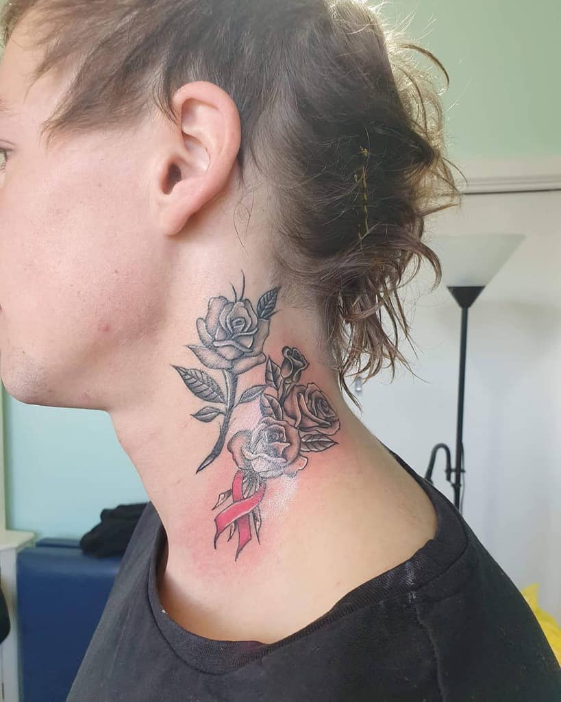 Elegant rose neck tattoo with a delicate pink ribbon intertwined among the roses, symbolizing love, hope, and awareness