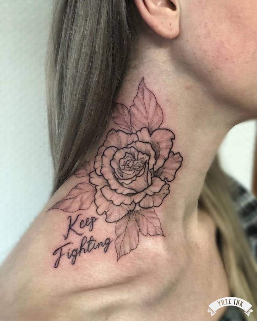 A rose graces the neck, inked alongside the empowering words "Keep Fighting," a reminder of resilience and strength