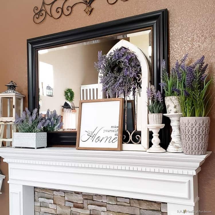 white mantel with lavender displays