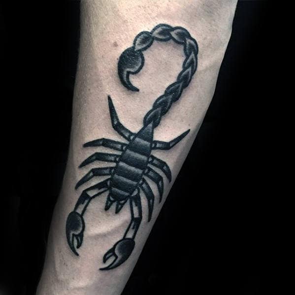Simple Shaded Mens Inner Forearm Traditional Scorpion Tattoo