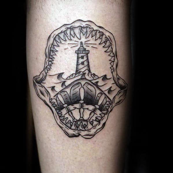 Simple Shark Jaw Lighthouse Male Arm Tattoos