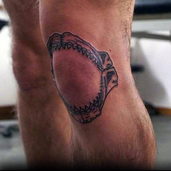 Simple Shark Jaw Male Knee Cap Tattoo Ideas
