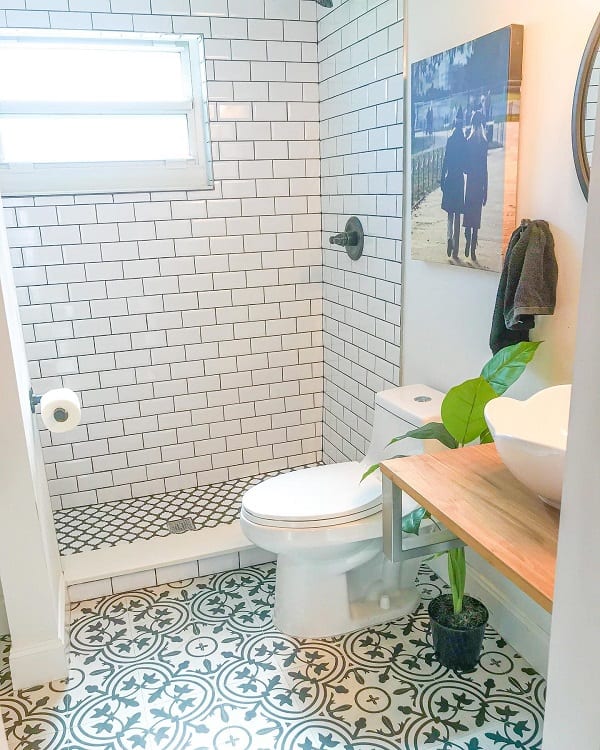 Farmhouse bathroom with subway tile shower, patterned floor, wall art, and a plant on a wooden counter by the white sink