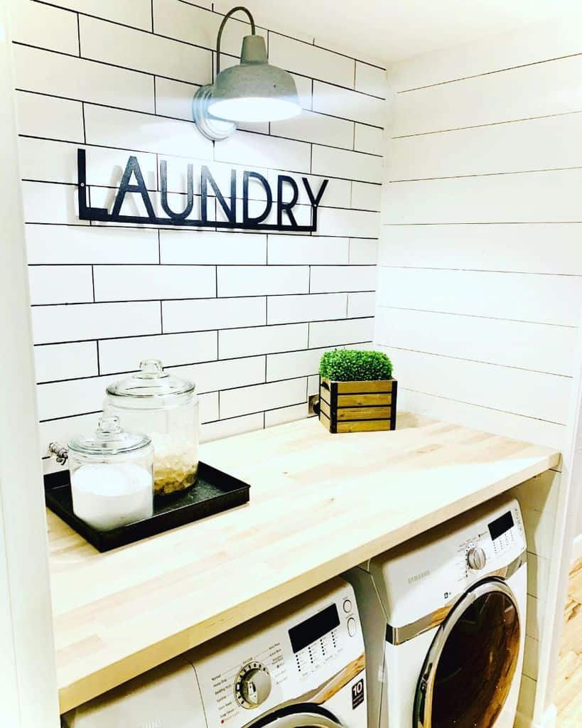 white tiles in simple laundry room