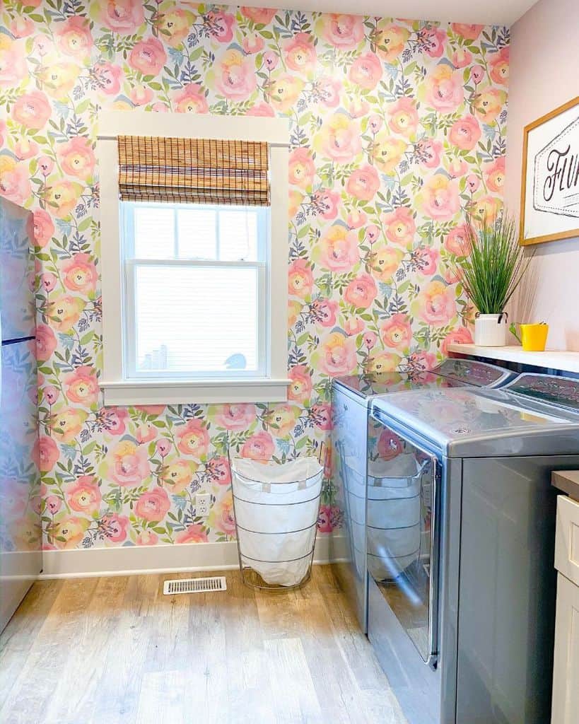 farmhouse laundry with colorful floral wallpaper