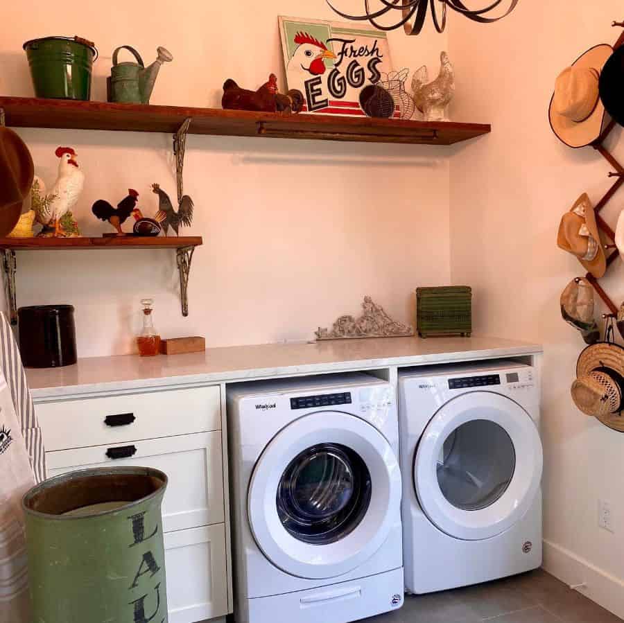 farmhouse laundry room with hen decor