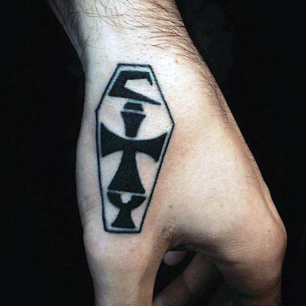 Simple Small Tribal Hand Tattoos For Men With Coffin Design