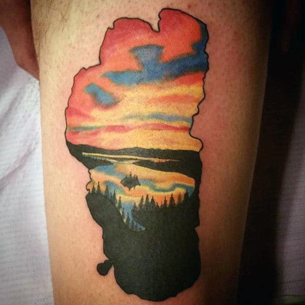 Simple Sunset Tattoo With Forest On Mans Thigh