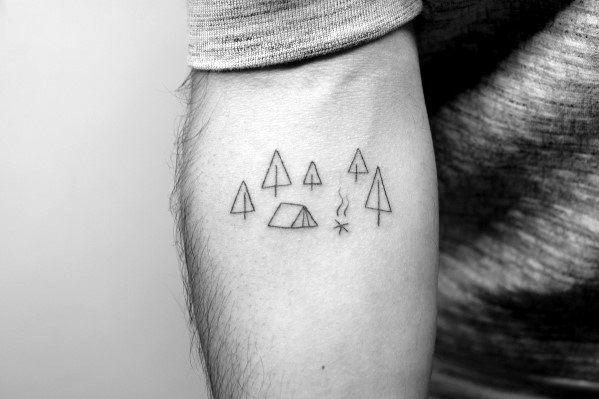 Minimalist line tattoo of a camping scene with a tent, trees, and a small campfire, symbolizing adventure and a love for the outdoors.