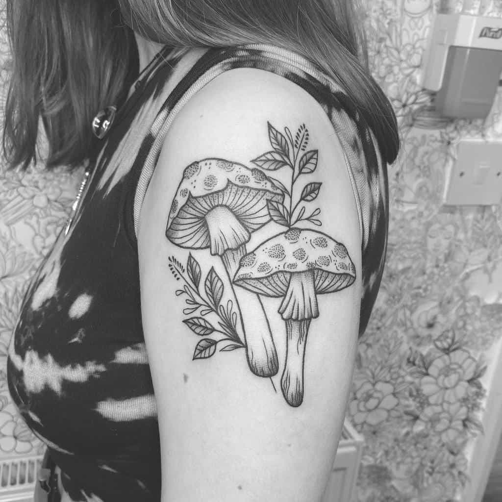 Woman with tattoo of two mushrooms and leaves on her upper arm