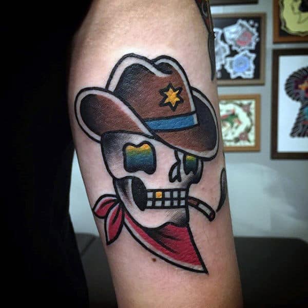 Simplistic Sailor Jerry Skull Smoking Sherriff Tattoo On Male Bicep