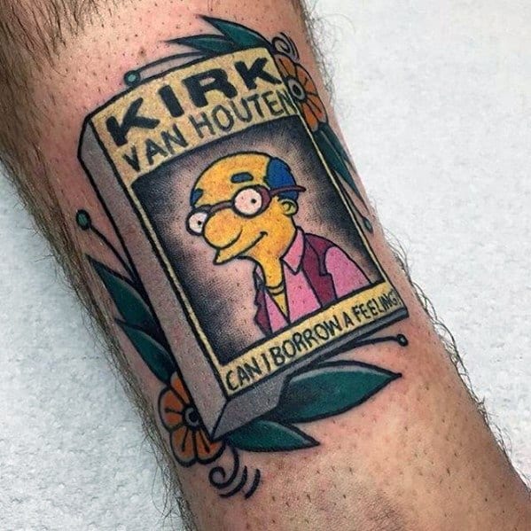 Colorful tattoo of Kirk Van Houten’s fictional album cover from The Simpsons, featuring 'Can I Borrow a Feeling?' in bold text.