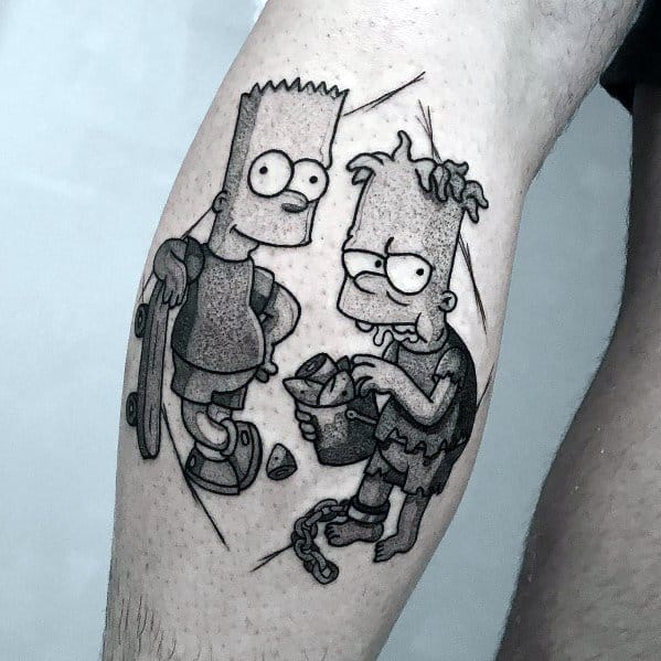 Black and white tattoo of Bart Simpson standing next to a ragged, homeless version of himself, creating a striking contrast.