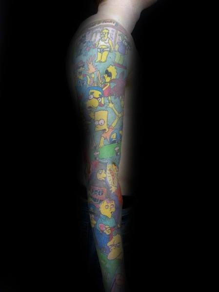 Colorful full-sleeve tattoo featuring multiple characters from The Simpsons in a vibrant and dynamic design.
