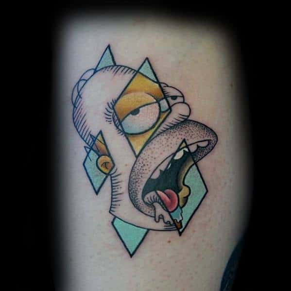 Abstract tattoo of Homer Simpson with a distorted face, geometric shapes, and a surreal, drooling expression.