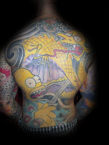 Epic full-back tattoo of Homer Simpson battling a fierce dragon in a dramatic and colorful fantasy-inspired design.