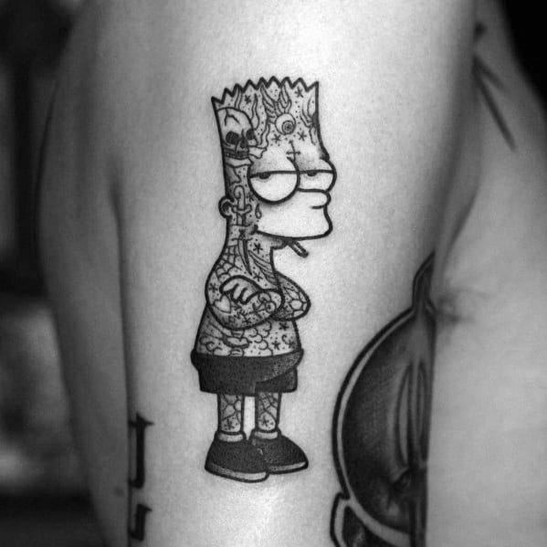 Black and white tattoo of Bart Simpson covered in intricate tattoos, with a cool and rebellious stance.