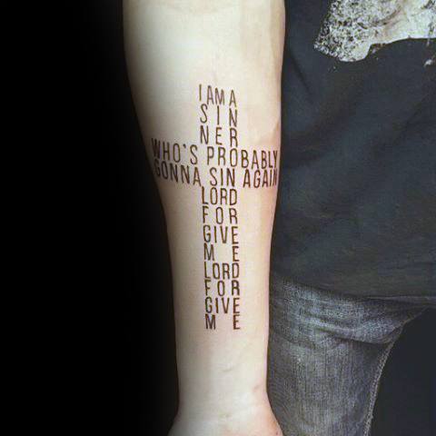 Sin And Forgivness Quote Simple Cross Mens Inner Forearm Tattoo
