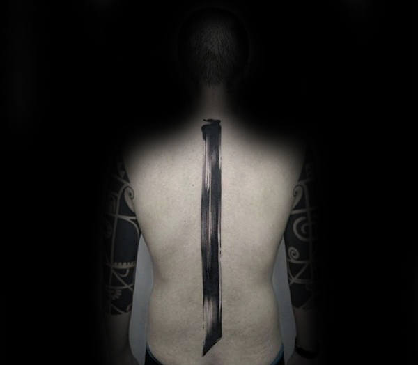 Single Line Brush Stroke Mens Spine Tattoo Ideas