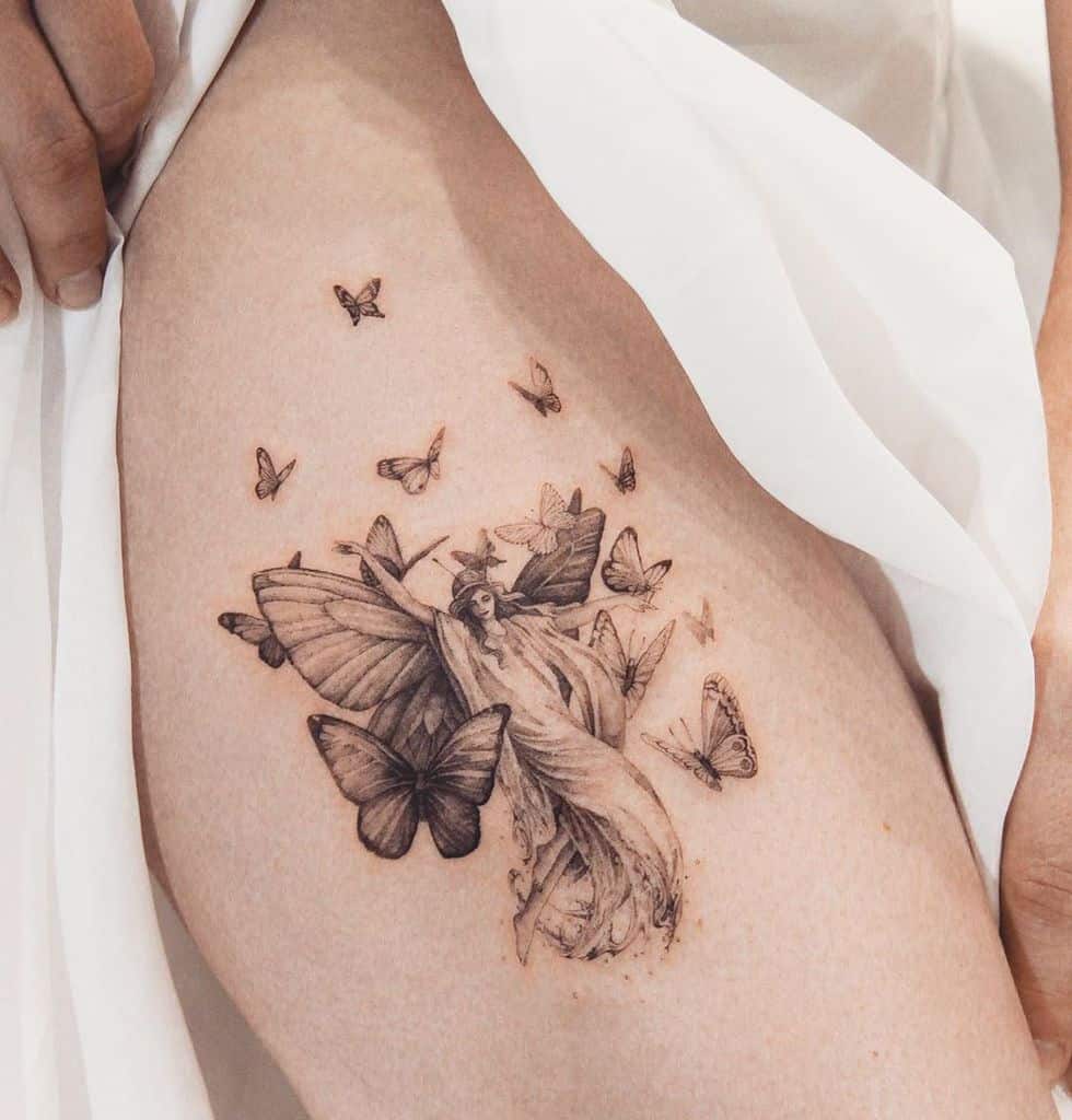 Single Needle Butterfly Fine Line Tattoo