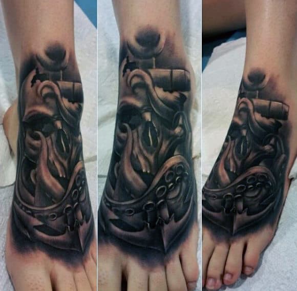 Tattoo of a ship's anchor entwined with an octopus' tentacles on a foot