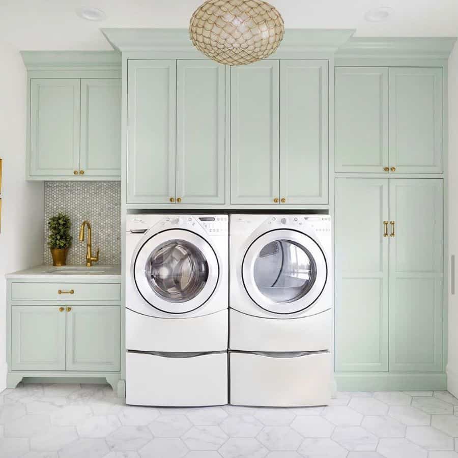 green cabinet laundry washer and dryer