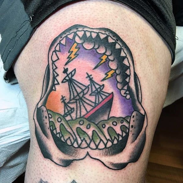 Sinking Ship In Storm Inside Shark Jaw Mens Thigh Tattoo