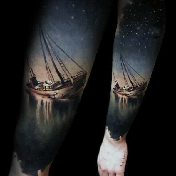 Sinking Ship Under Stars In Sky Hyper Realistic Mens Forearm Tattoo