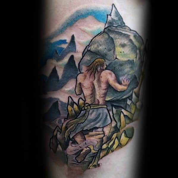 Color Sisyphus tattoo showing the figure pushing a boulder uphill in a stylized mountain landscape with rocky textures and bold outlines.