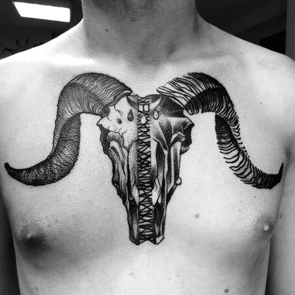 Sitched Goat Skull Halfs Mens Upper Chest Tattoos