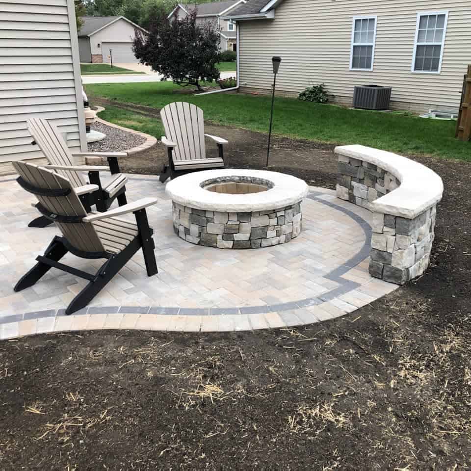 small curved stone garden bench patio fire pit wood seats