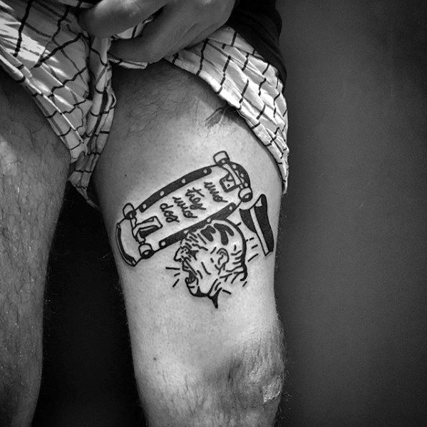 Skateboard With Police Officer Simple Leg Tattoos For Guys