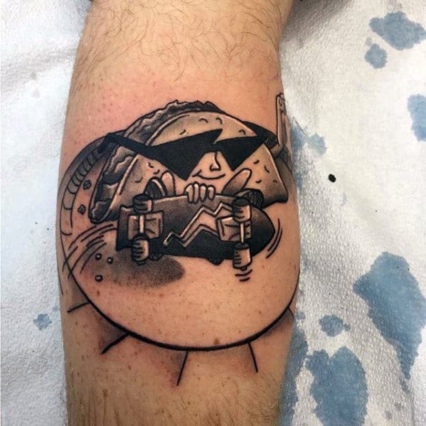 Skateboard With Taco Mens Unique Leg Calf Tattoo