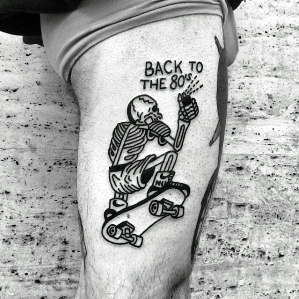 Skateboarding Skeleton Mens Simple Leg Thigh Tattoos
