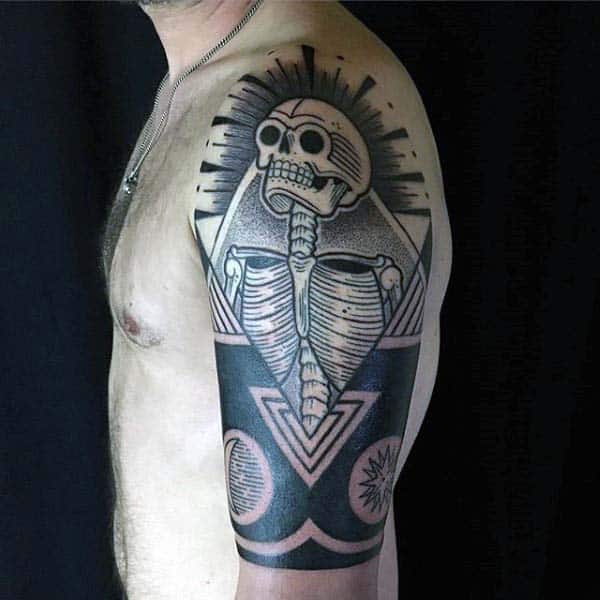 Skeleton Abstract Woodcut Half Sleeve Guys Tattoos