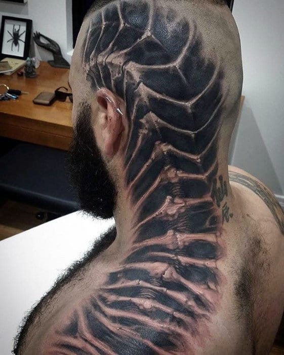 Skeleton Bones Mens Different Shoulder And Head Tattoos