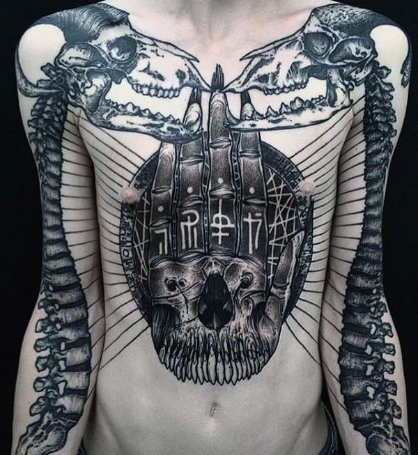 Skeleton Bones Mens Skull Hand Chest Tattoos